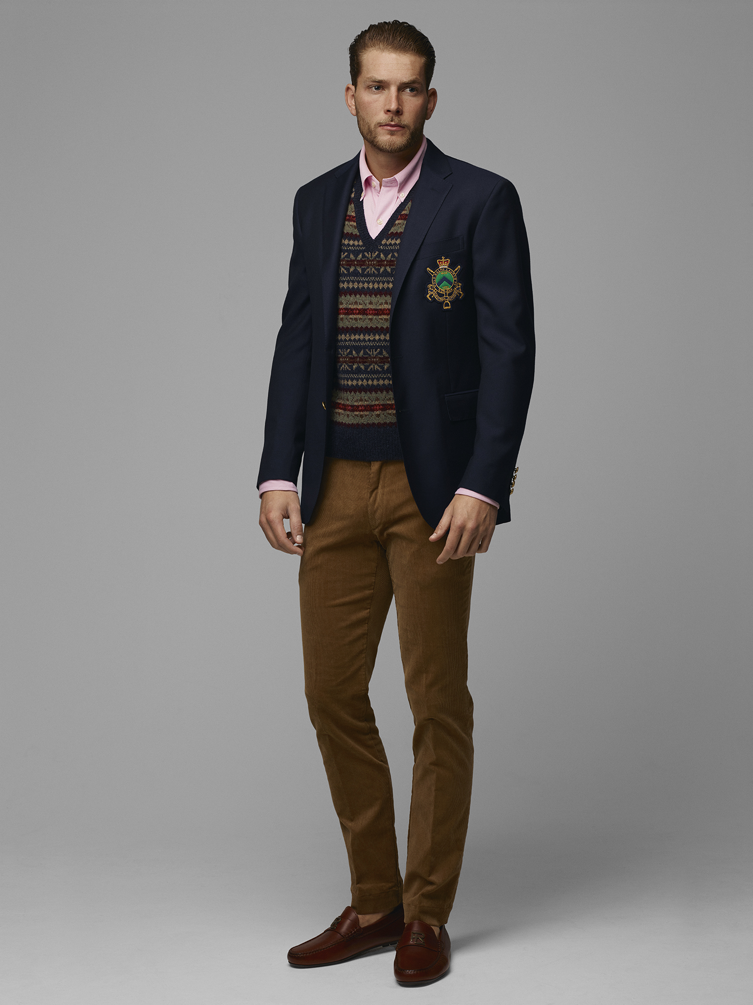 Blazer, £425; Fairisle sweater, £349; shirt, £95; corduroy trousers, £125; shoes, £345