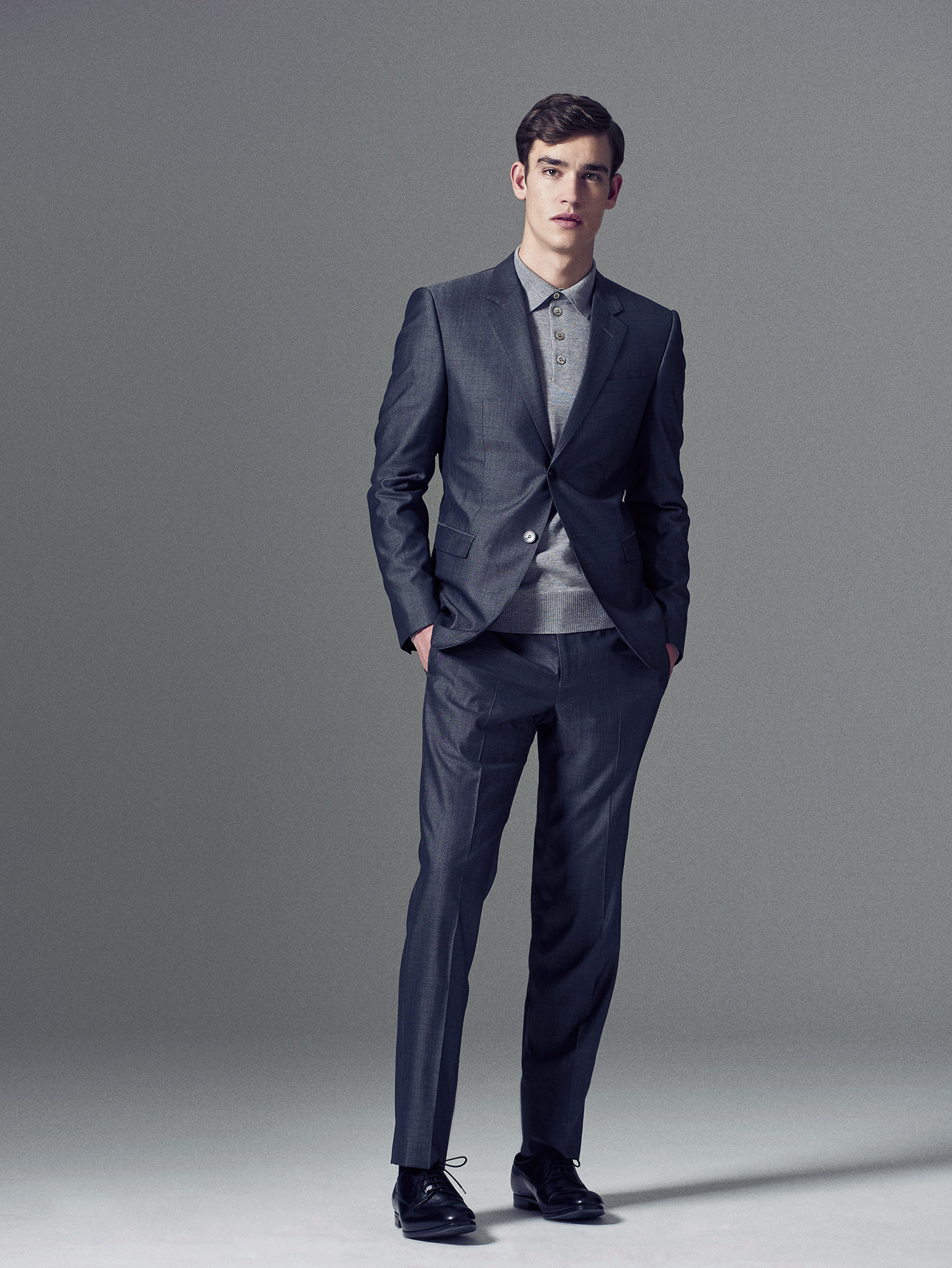 Cotton suit, £1,050; knitted polo shirt, £220; shoes, £260