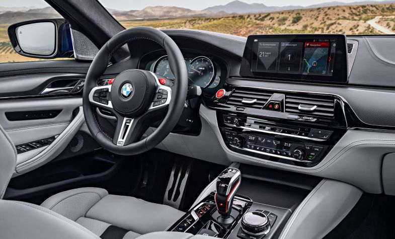 The BMW M5’s luxurious interior belies its furious performance.