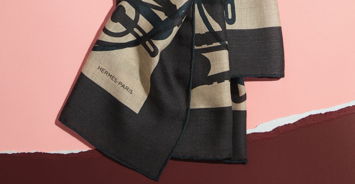 Hermès' Imprimeur Fou Brides et Frontaux silk and cashmere scarf