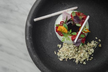 Sorrel ice cream, raspberries, pistachio at Da Terra