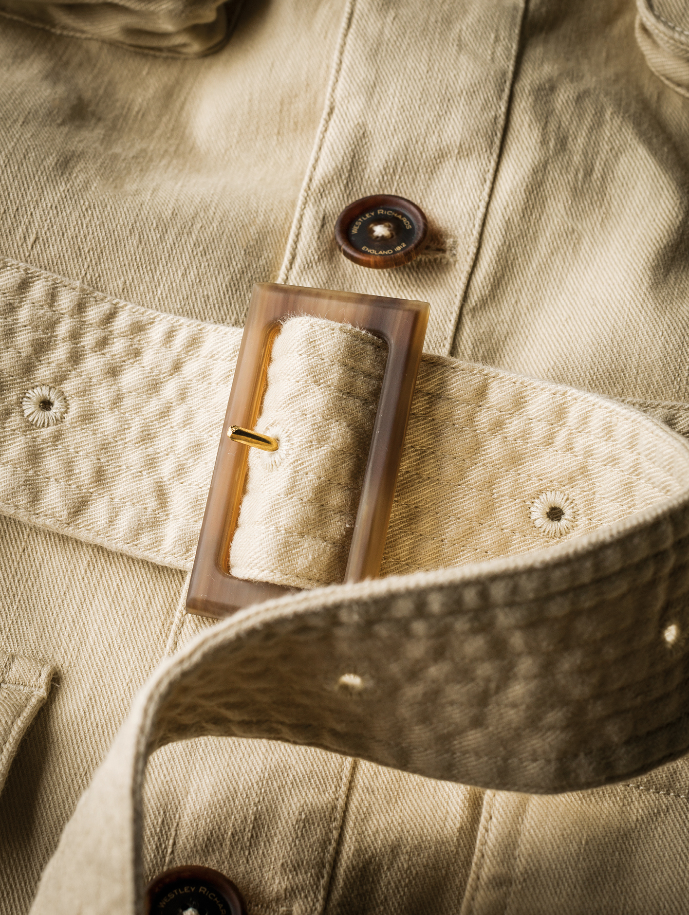 The classic belted waist of the Selous safari jacket by Westley Richards