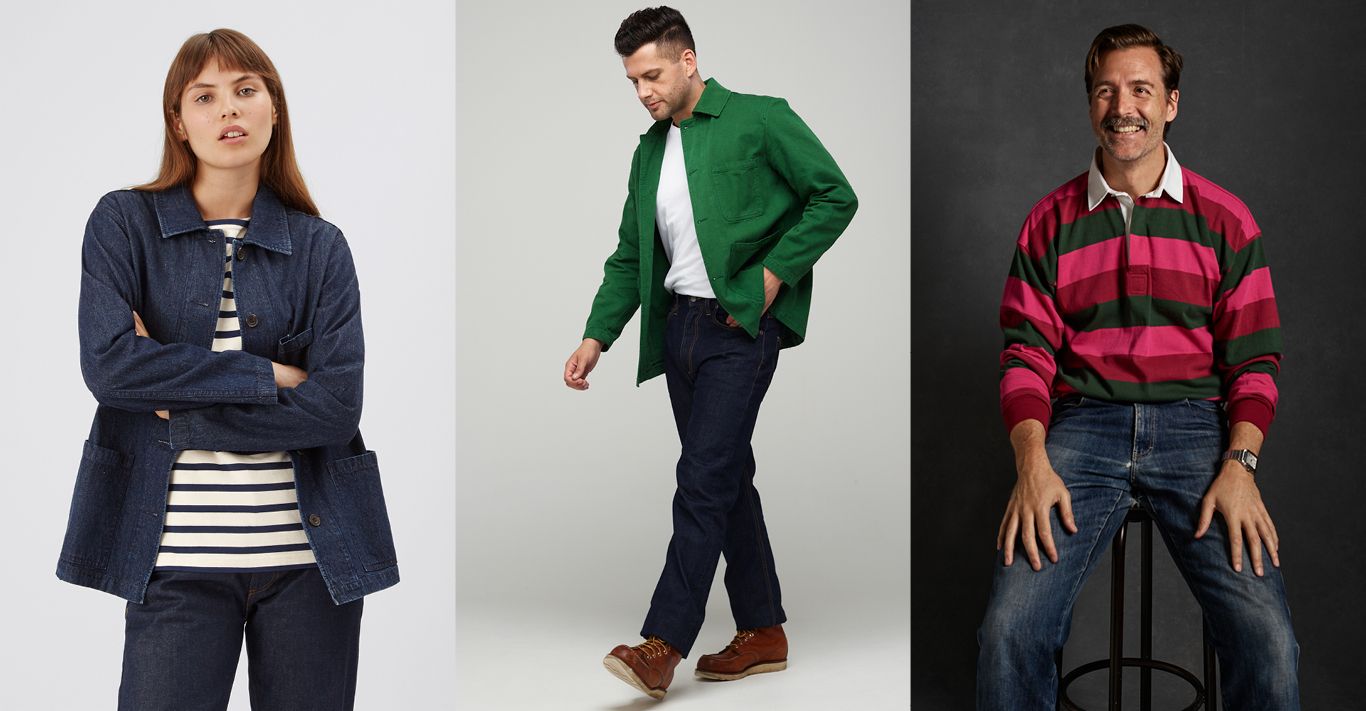 From left women’s chore jacket, £89, women’s Breton, £39; chore jacket, £95, short sleeve T-shirt, £20, straight cut selvedge jeans, £81; Patrick Grant wears rugby shirt, £59