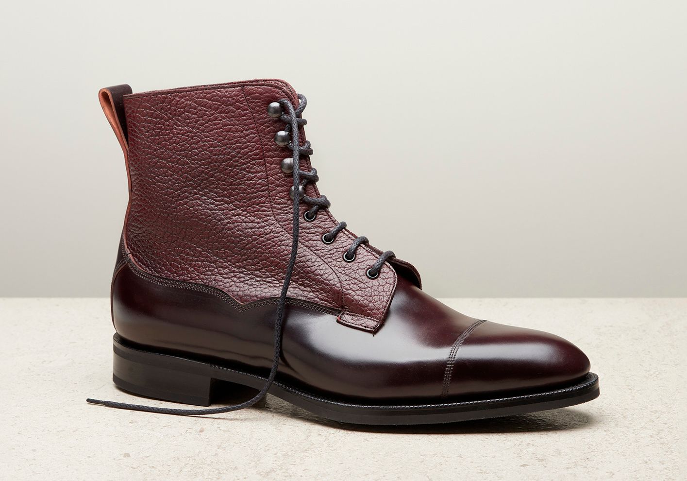 Galway boot in burgundy cordovan and aubergine London Grain, £1,950