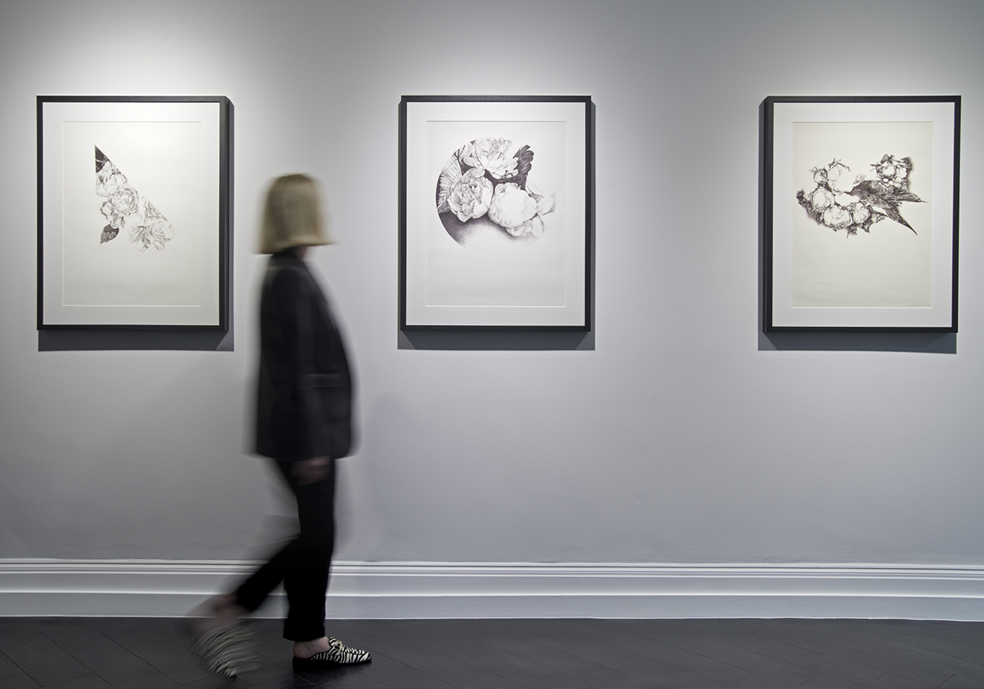 (From left) Yuki Aruga, 318°, 2023, ballpoint pen on paper, Maddox Gallery; Yuki Aruga, Interstice, 2023, ballpoint pen on paper, Maddox Gallery; Yuki Aruga, TBC, 2023, oil and pencil on Archival Giclee Print, Maddox Gallery