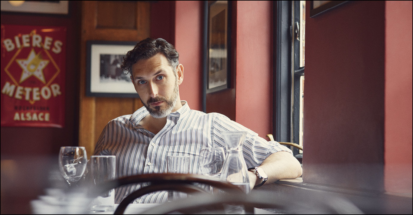 Blake wears the classic fit smart casual Jubilee end on end shirt, £125, in The French House pub, Dean Street, Soho