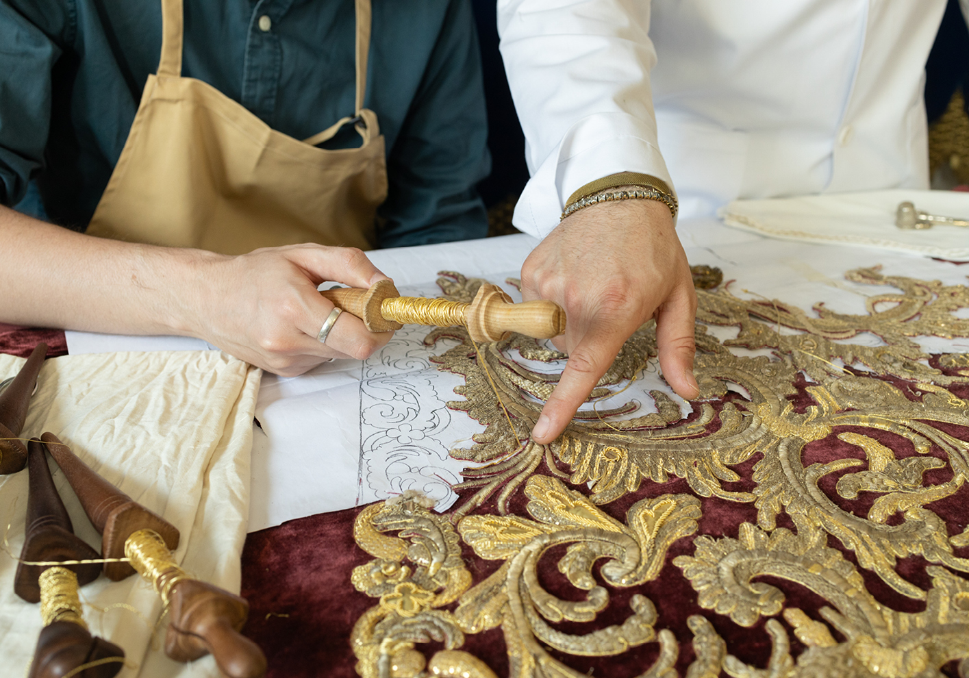 José Luis Sanchez Exposito & Gonzalo Garcia Cuevas working on gold thread embroidery