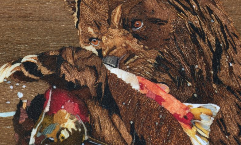 A bear depicted through wood marquetry, one of the artisanal techniques that will be showcased through the Rare Handcrafts collection on display at the Patek Philippe Salon in London from 7th - 16th June