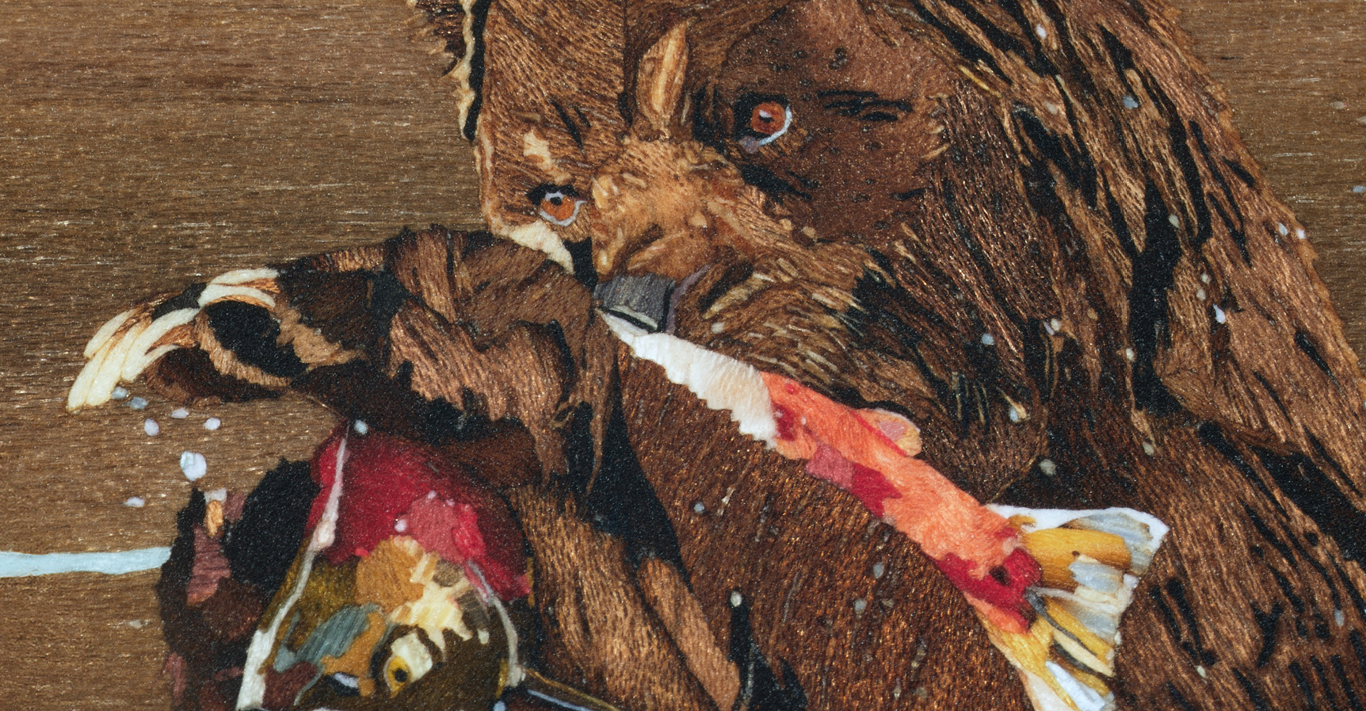 A bear depicted through wood marquetry, one of the artisanal techniques that will be showcased through the Rare Handcrafts collection on display at the Patek Philippe Salon in London from 7th - 16th June