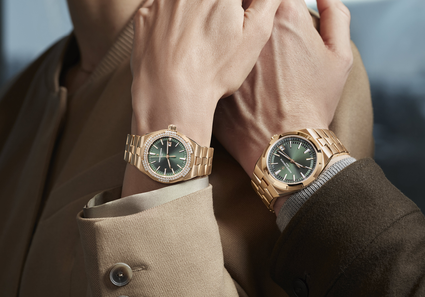 Two of the four new pink-gold Overseas references with the new green dial, a 41mm self-winding with a date display and a gem-set 35mm iteration