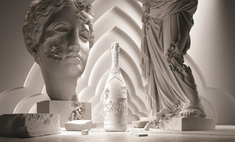A bottle of Moët & Chandon Collection Impériale Création No. 1 surrounded by artwork of the kind created by Daniel Arkham for the release of the former