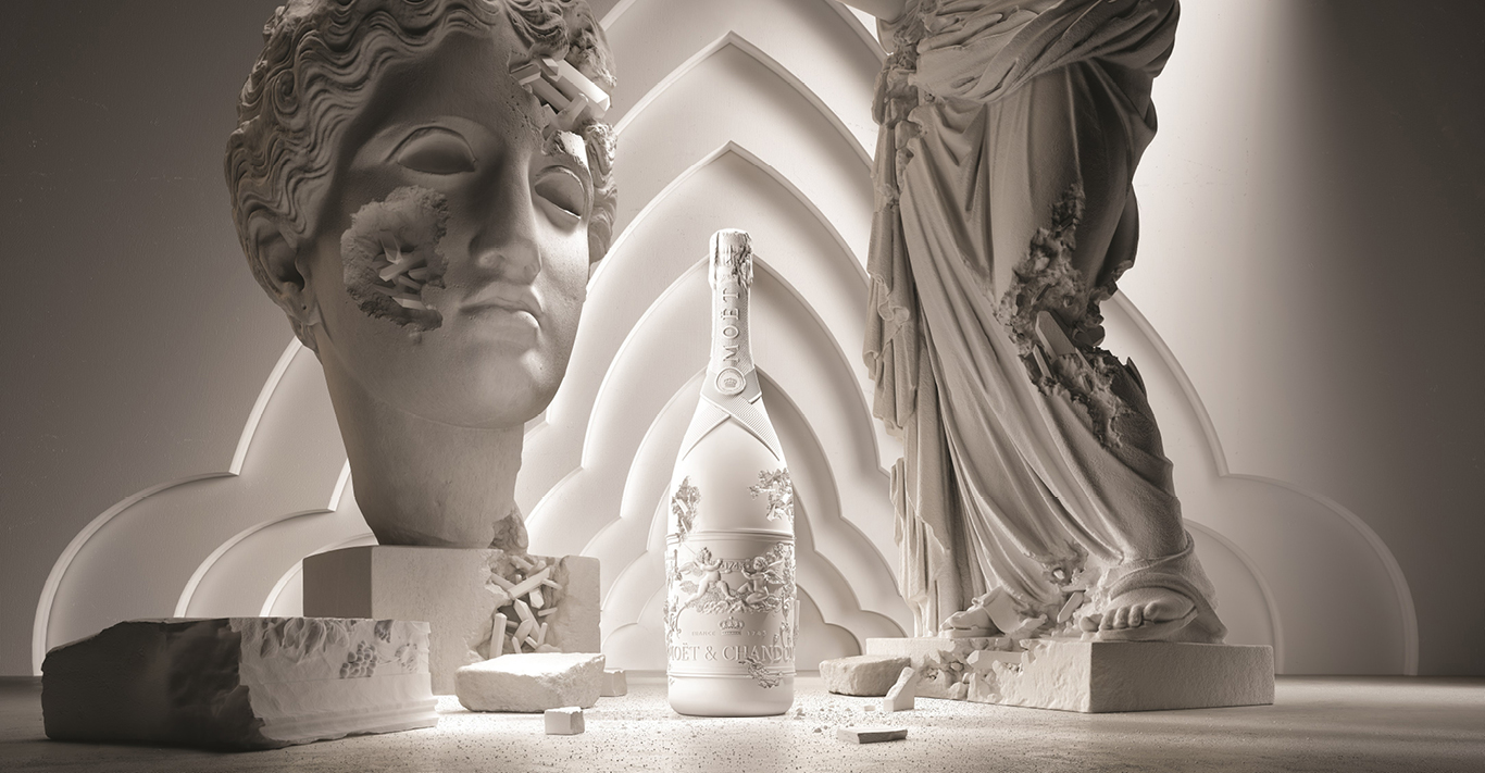 A bottle of Moët & Chandon Collection Impériale Création No. 1 surrounded by artwork of the kind created by Daniel Arkham for the release of the former