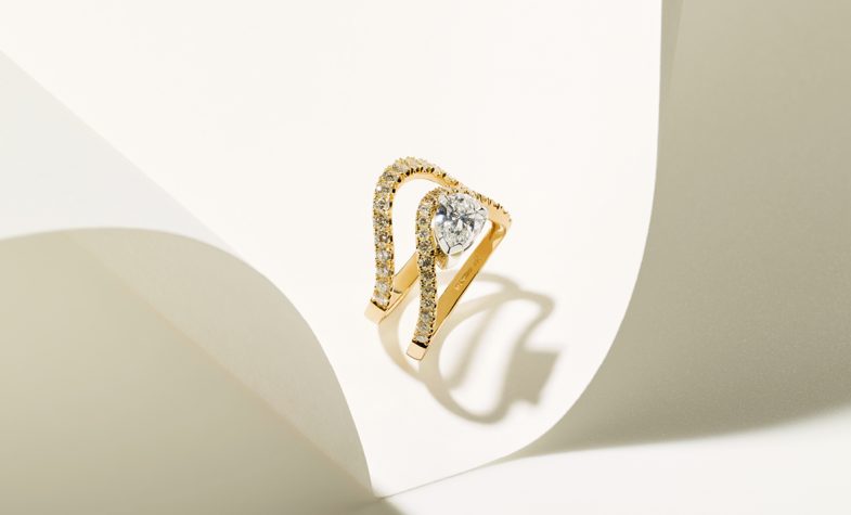 Yellow gold round brilliant-cut diamond ring, £1,700; yellow gold pear-cut diamond solitaire ring, £11,100