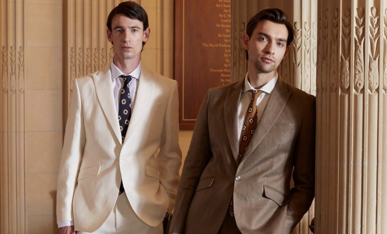 Ivory Randwick Ebury Jacket, £750 (left), Taupe Linen Ebury Jacket, £620, and Clivedon Silk Ties in navy and copper, £95. All Favourbrook