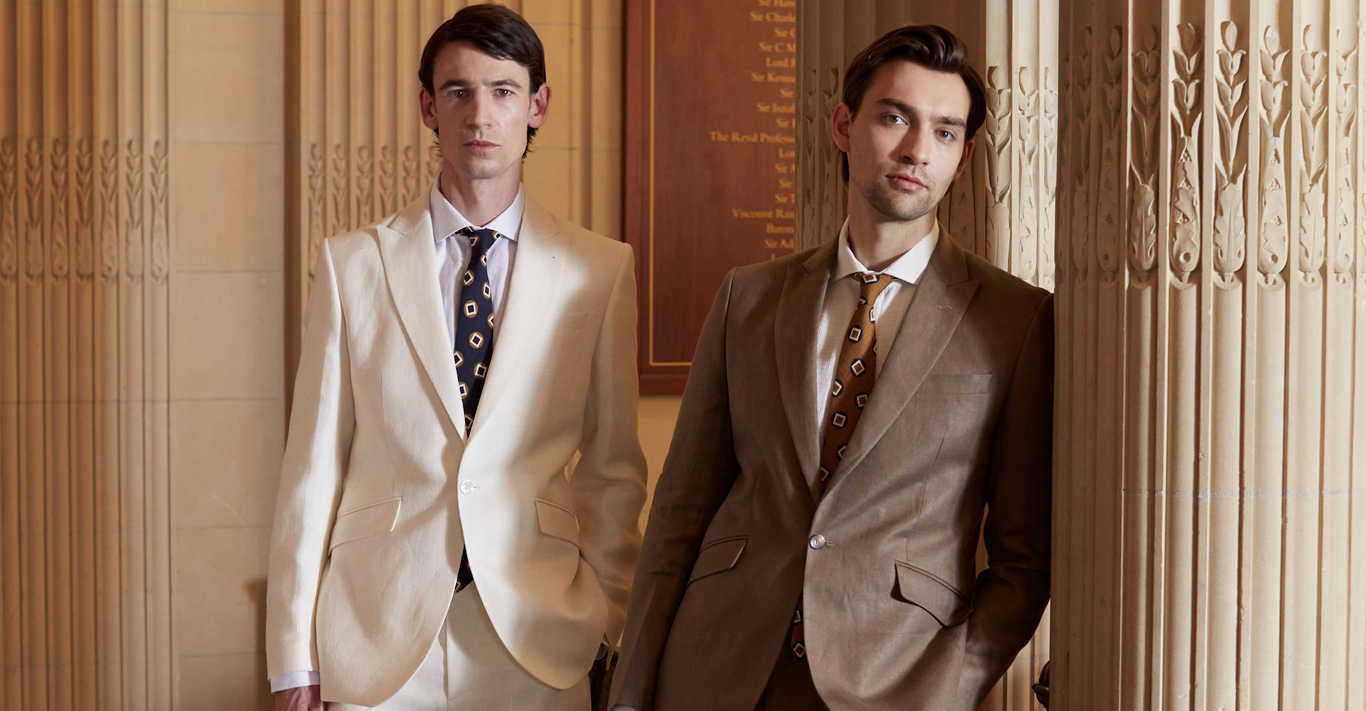 Ivory Randwick Ebury Jacket, £750 (left), Taupe Linen Ebury Jacket, £620, and Clivedon Silk Ties in navy and copper, £95. All Favourbrook