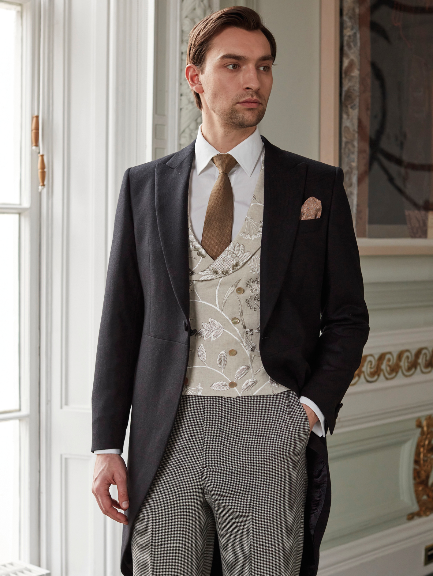 Morning coat, £720, waistcoat, £490, shirt, £160, trousers, £490 and silk tie, £95. All Favourbrook