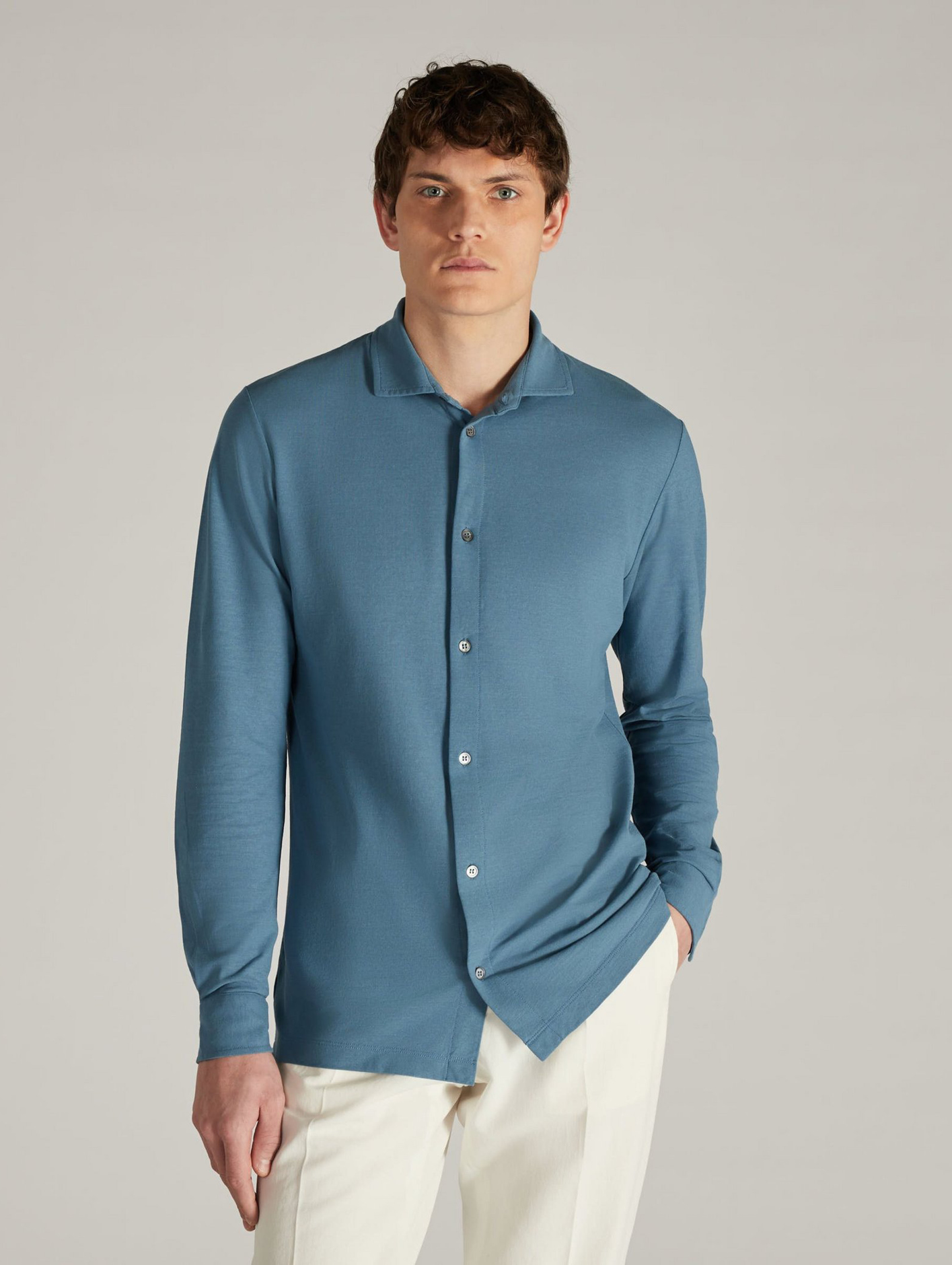 A model wearing a slim-fit organic IceCotton shirt from Zanone, £285