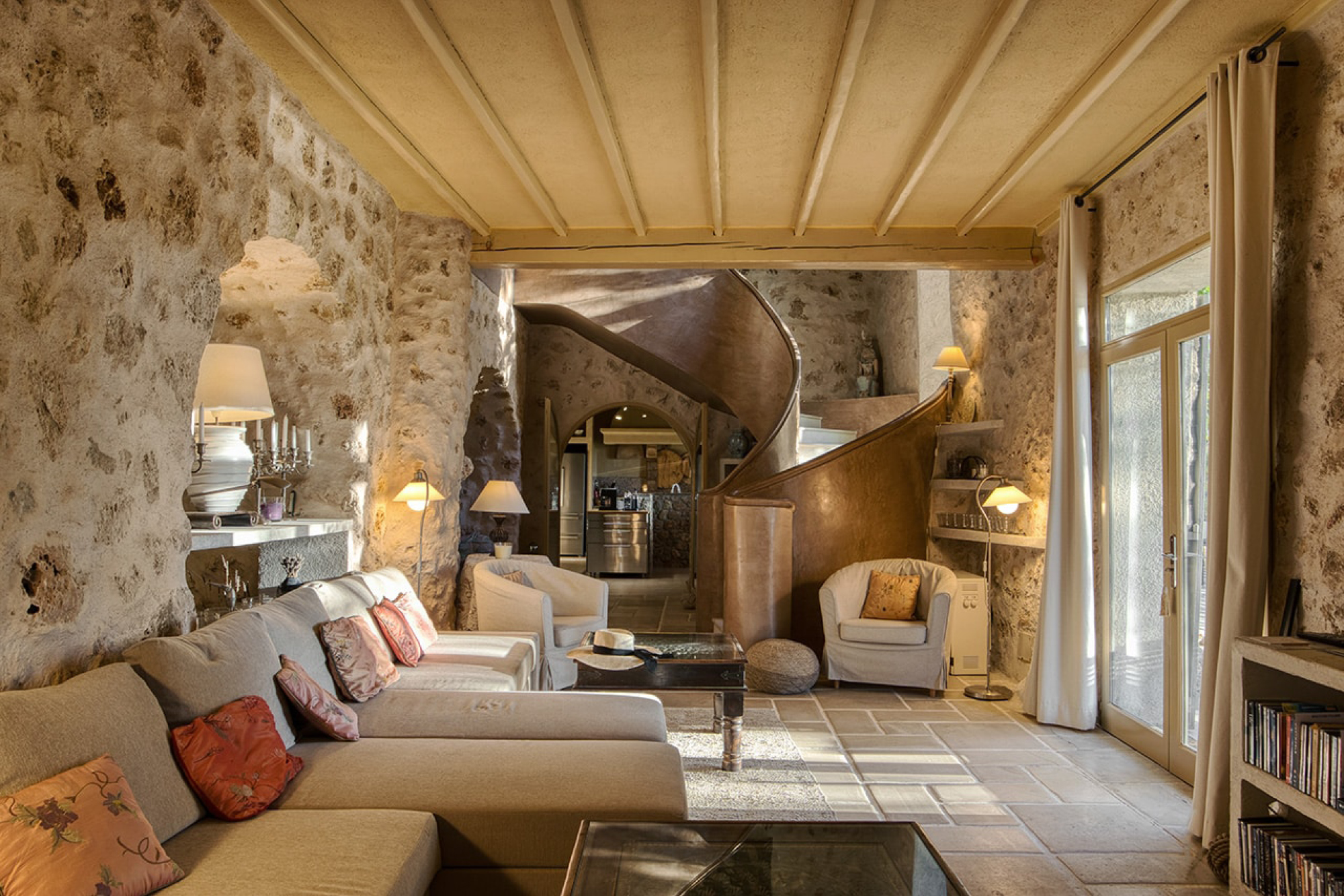 Inside lounge and staircase at La Combe Villa in Provence 