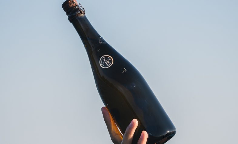 Leclerc Briant bottle held by a hand above water