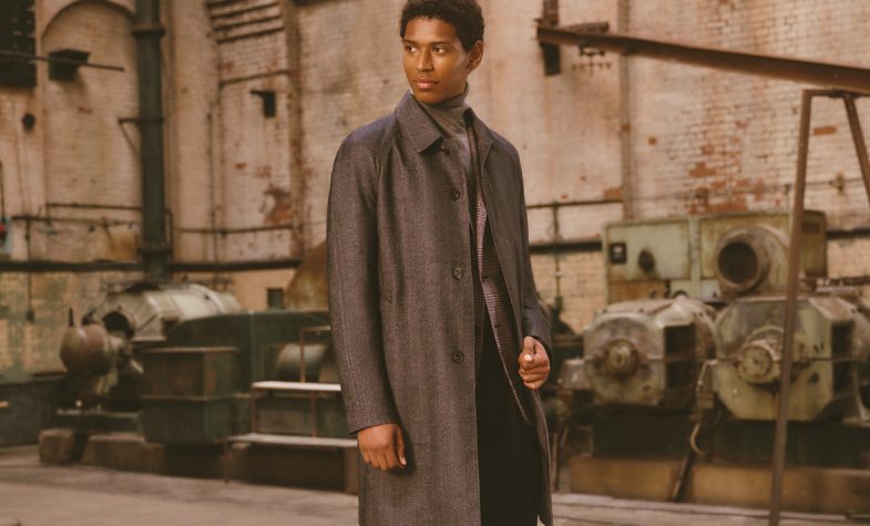 Wool trench coat, £1,240, wool jacket, £1,220, cashmere turtleneck, £590 and wool trousers, £370. All Corneliani