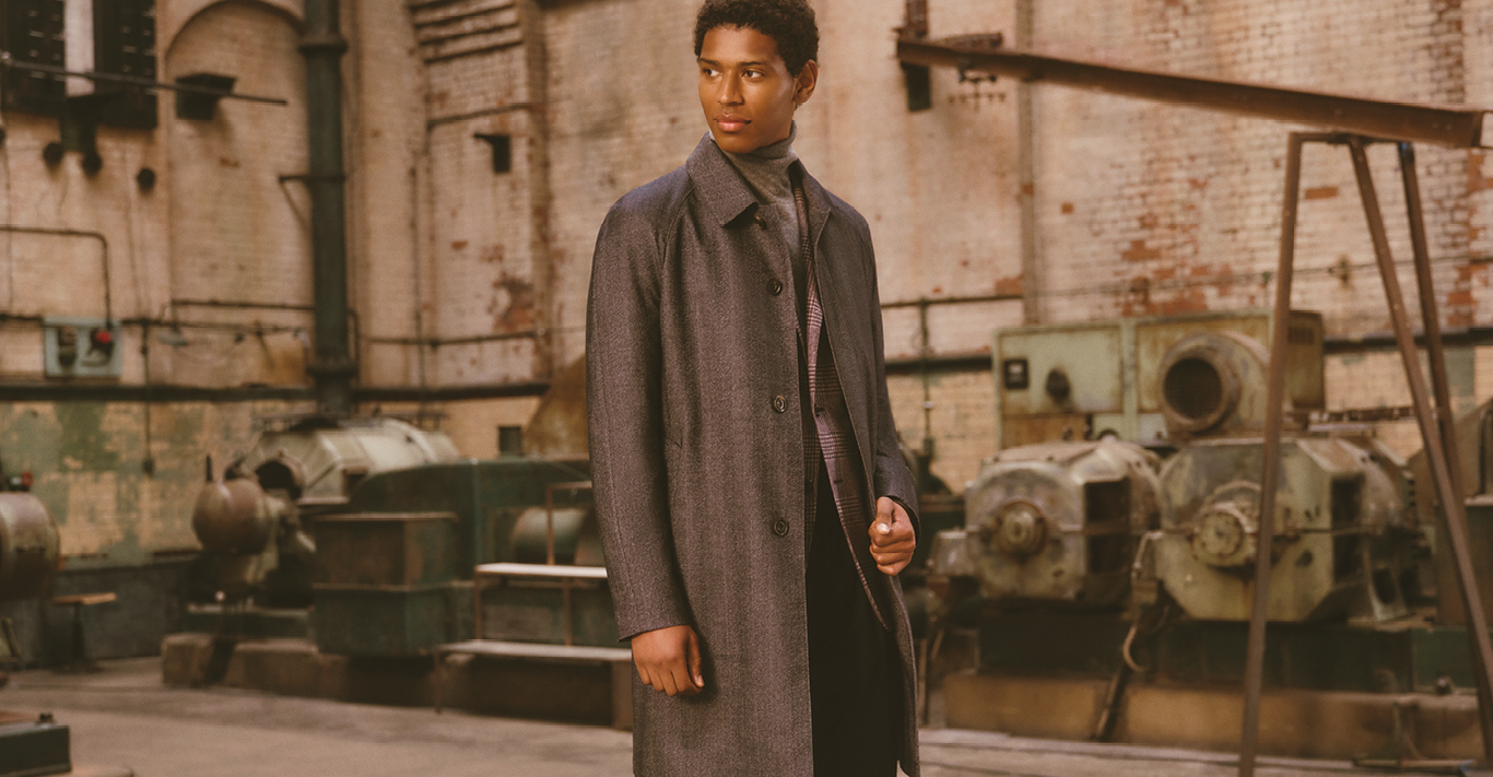 Wool trench coat, £1,240, wool jacket, £1,220, cashmere turtleneck, £590 and wool trousers, £370. All Corneliani