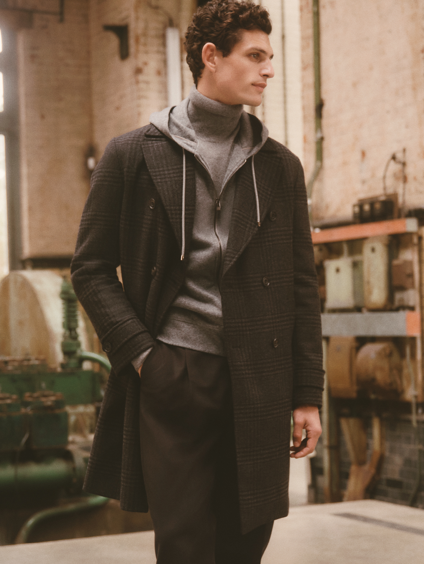 Wool and cashmere coat, £1,180, wool zip hoodie, £785, cashmere turtleneck sweater, £595, micro wool trousers, £308