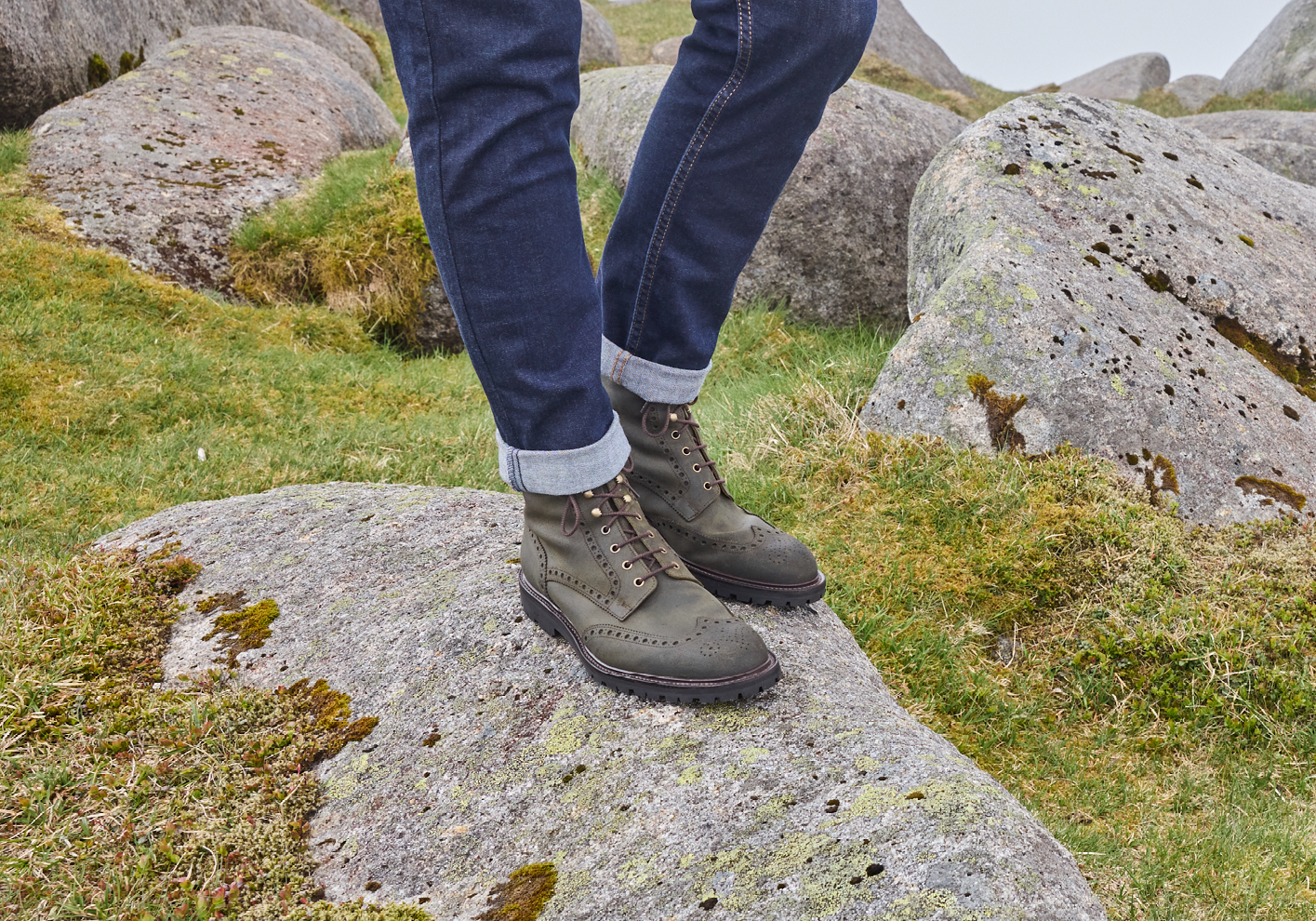 The Islay Derby boot in green rough-out suede