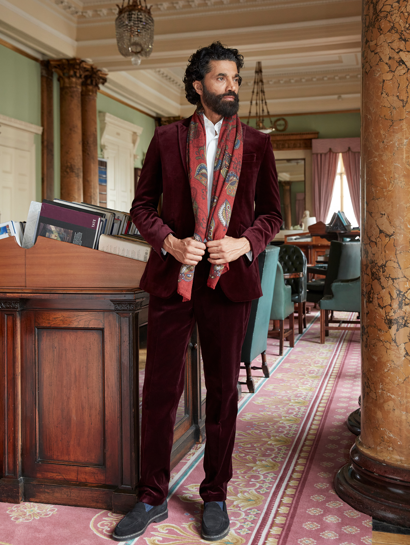 Velvet jacket, £660, cotton shirt, £185, velvet trousers, £280 and wool scarf, £175. All Favourbrook