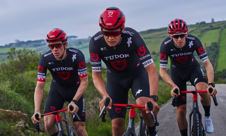 Riders on the Tudor pro cycling team tackling the Giro d'Italia