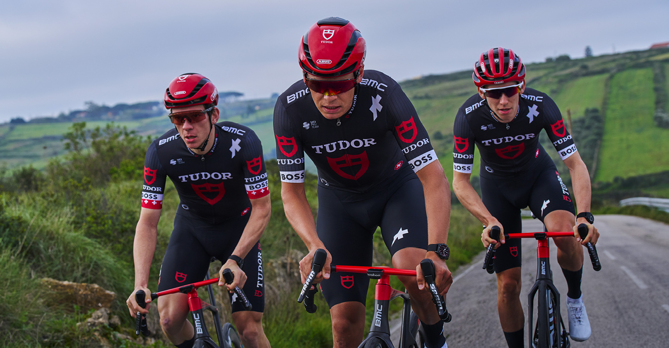 Riders on the Tudor pro cycling team tackling the Giro d'Italia