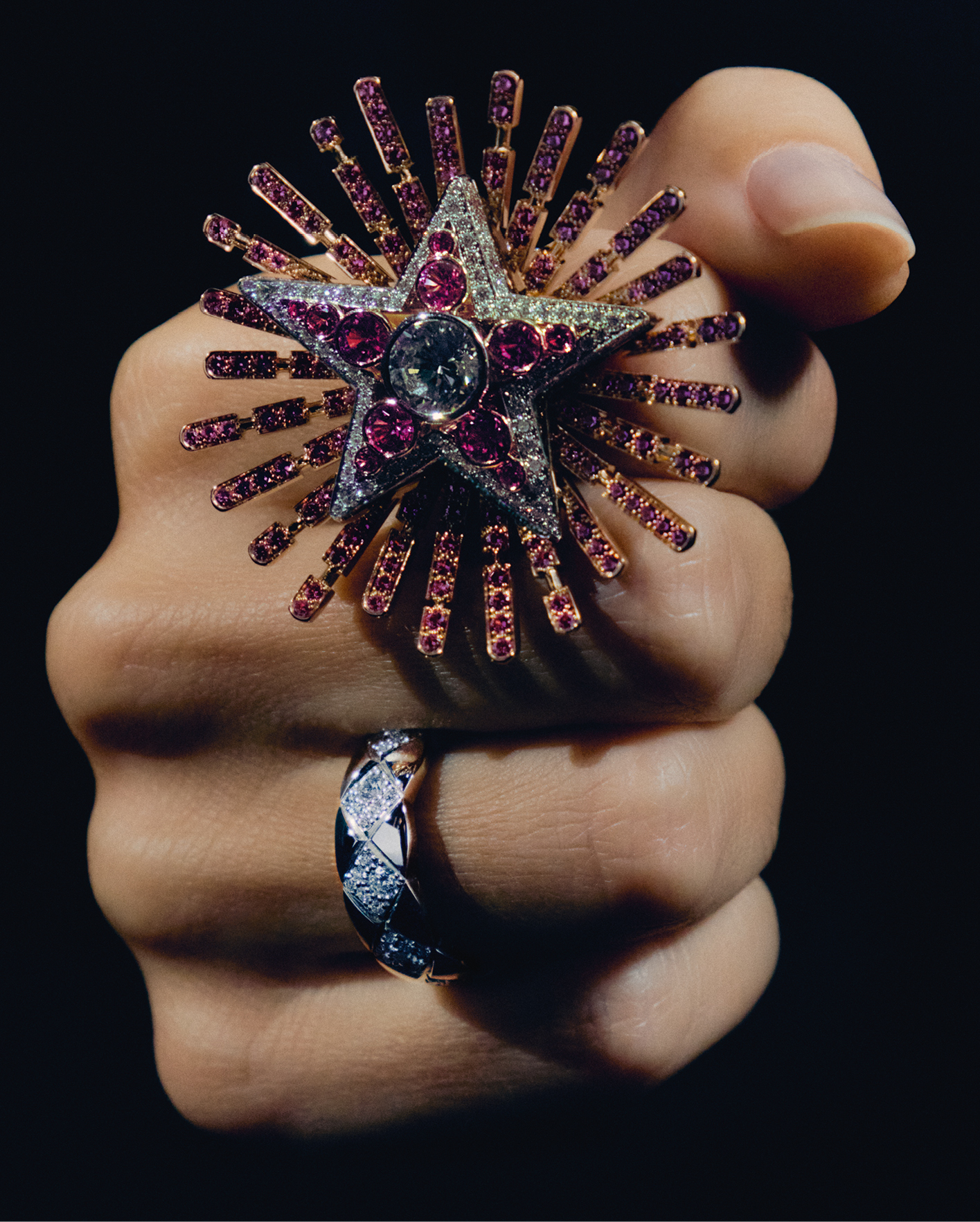 Haute Joaillerie Comète Aubazine ring in pink gold and platinum with diamonds and pink sapphires, POA, and Coco Crush ring in 18k white gold and diamonds, £9,350, CHANEL Fine Jewellery; chanel.com